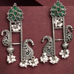KARATCART Silver-Plated Kundan Contemporary Oxidised Drop Earrings-1