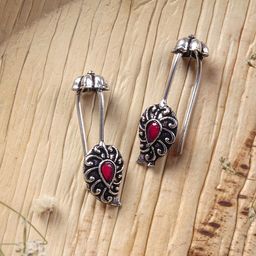 TEEJH Silver-Toned & Red Contemporary Ear Cuff Earrings-3