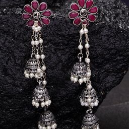 PANASH Silver_Plated & Maroon Contemporary Drop Earrings-48