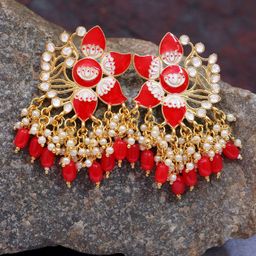 Crunchy Fashion Red & Gold-Plated Kundan Studded Meenakari Drop Earrings-image-55