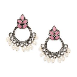 OOMPH Silver-Toned & Pink Floral Chandbalis Earrings image 4