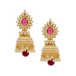 DIVASTRI Gold-Plated Artificial Stones Studded & Beaded Dome Shaped Jhumkas image 2