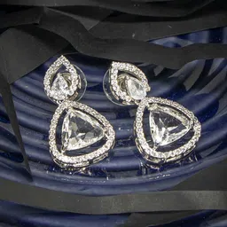 Manikya Rhodium-Plated Cubic Zirconia Studded Triangular Drop Earrings image 3