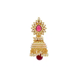 DIVASTRI Gold-Plated Artificial Stones Studded & Beaded Dome Shaped Jhumkas image 3