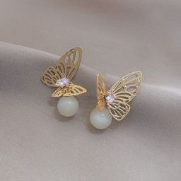 Yellow Chimes Gold-Toned & White Butterfly Stud With Pearl Drop Earrings image 4