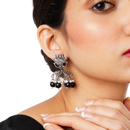 Anouk Silver-Plated & Black Artificial Stones & Beads Contemporary Drop Earrings-28