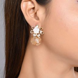 VOJ Gold-Plated Floral Stone-Studded Drop Earrings-30