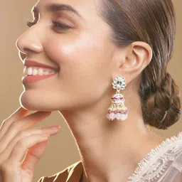 Rubans 18KT Gold Plated Brass Red Enamel Pearls Hanging Jhumka Earrings-3