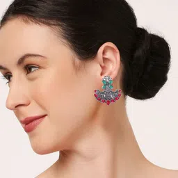 OOMPH Set Of 2 Artificial Stones and Beads-Studded Oxidised Drop Earrings image 4