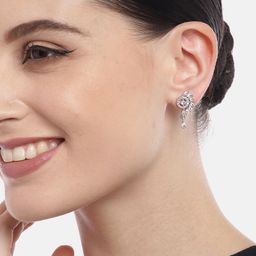 Aadvik Designs Silver-Plated AD Studded Contemporary Drop Earrings-image-35