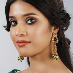 Anouk Gold Plated Contemporary Kundan Studded & Beaded Drop Earrings-9