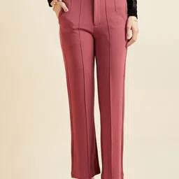 PANIT Women Pink Relaxed Straight Fit High-Rise Wrinkle Free Lycra Regular Trousers-image-93