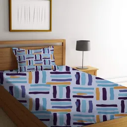homewards White & Blue Geometric 200 TC Single Bedsheet With 1 Pillow Cover-12