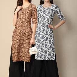 KALINI Women Pack Of 2 Brown & White Floral Printed Block Print Crepe Kurtas-image-54