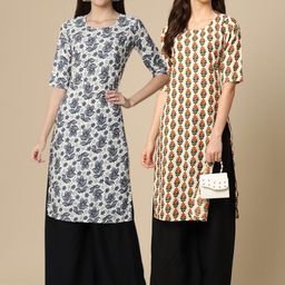 7threads KALINI Women Set Of 2 White & Grey Floral Printed Crepe Kurta-picture-8