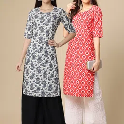KALINI Women Pack of 2 White & Peach-Coloured Floral Printed Block Print Crepe Kurta-44