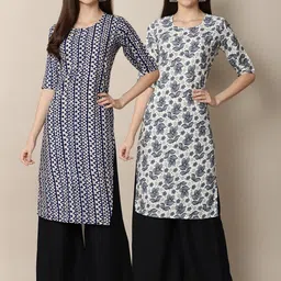 KALINI Women Pack Of 2 White & Black Floral Printed Block Print Crepe Kurtas-image-84