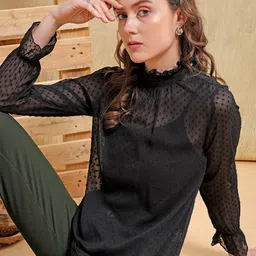Freehand by The Indian Garage Co Self Design Sheer Ruffled Top-6