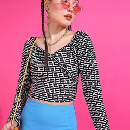 Popwings Geometric Printed V-Neck Puff Sleeves Tie Ups Detail Crop Top-image-70