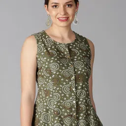 Saffron Threads Women  Green Bandhani Print A-line Top-image-34