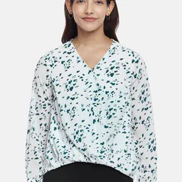 Annabelle by Pantaloons Women Off White And Green Abstract Print V Neck Frill Top-picture-7
