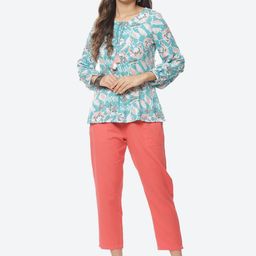 Rangriti Turquoise Blue Floral Print Tie-Up Neck Top-image-84