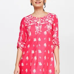 Global Desi Floral Printed Keyhole Neck Roll up Neck A-Line Top-picture-22