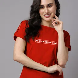 Friskers Women Red & White Cotton Printed Slim Fit T-shirt-image-38