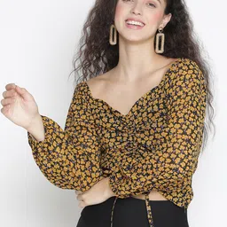 DRAAX Fashions Floral Printed V-Neck Puff Sleeves Fitted Crop Top-image-63