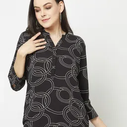 Crimsoune Club Print Mandarin Collar Roll-Up Sleeves Shirt Style Top-picture-30