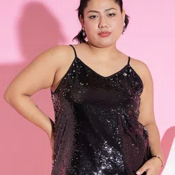 Berrylush Curve Plus Size Black Embellished Sequinned Regular Top-4