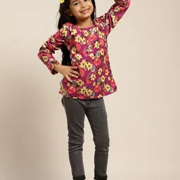 Sangria Girls Fuchsia Pink & Yellow Floral Print Top-2