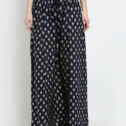 GRACIT Women Navy Blue & Gold-Toned Floral Printed Flared Knitted Ethnic Palazzos-picture-29