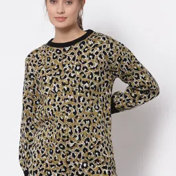 Club York Women Black & Olive Green Animal Printed Acrylic Pullover-image-72