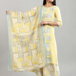 AURELIA Yellow & Turquoise Blue Ethnic Motifs Printed Pure Cotton Dupatta-image-32