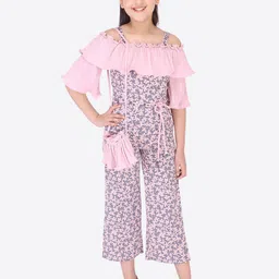 CUTECUMBER Girls Pink & Grey Floral Printed Culotte Jumpsuit-picture-13