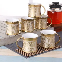 CLAY CRAFT Gold-Toned & White Ethnic Motifs Printed Ceramic Glossy Cups Set of Cups and Mugs-55
