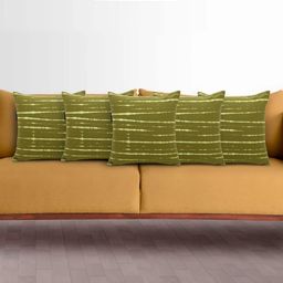 Mezposh Set Of 5 Green & Beige Striped Cotton Block Printed Square Cushion Covers-16