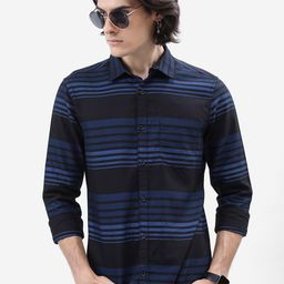 HIGHLANDER Navy Blue Horizontal Striped Slim Fit Spread Collar Casual Shirt-image-26