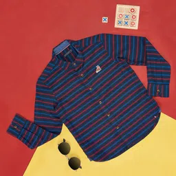 Pantaloons Junior Boys Horizontal Stripes Spread Collar Long Sleeve Cotton Casual Shirt-picture-0