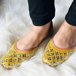 DESI COLOUR Woman Yellow Embellished Mirror Work Ethnic Mojaris-image-61