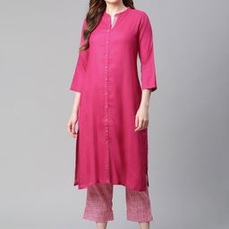 Rangriti Women Assorted Solid Kurta with Checked Trousers-image-4
