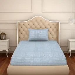 SPACES Adonia Grey & Blue Floral Cotton 144 TC Single Bedsheet With 1 Pillow Cover-picture-20