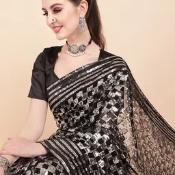 Sangria Black & Silver-Toned Embellished Pure Georgette Celebrity Saree-image-83