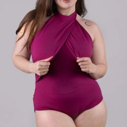 plus size halter neck sleevless padded legsuit for women Solid Women Pink Swimsuit-image-2