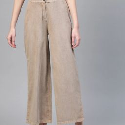 Women Relaxed Beige Cotton Blend Trousers-image-71