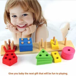 crazybuy Wooden Color Recognition & Shape Sorter, Colorful Geometric Board Sorting & Stack Chunky Puzzle Toys for Kids image 5