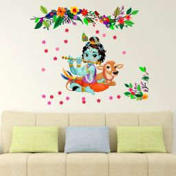 162.56 cm LORD KRISHNA SITTING IN COW AND FLOWERS SHOWER WALLSTICKER FOR WALL DECORATION Self Adhesive Sticker-image-13