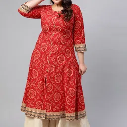 YASH GALLERY Women Plus Size Red & Beige Bandhani Print Anarkali Kurta-18