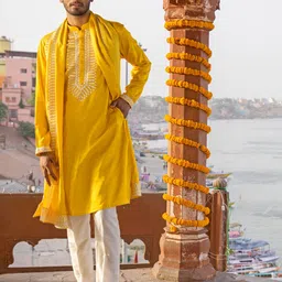 VASTRAMAY Floral Yoke Design Regular Thread Work Kurta With Trousers & Dupatta-picture-1
